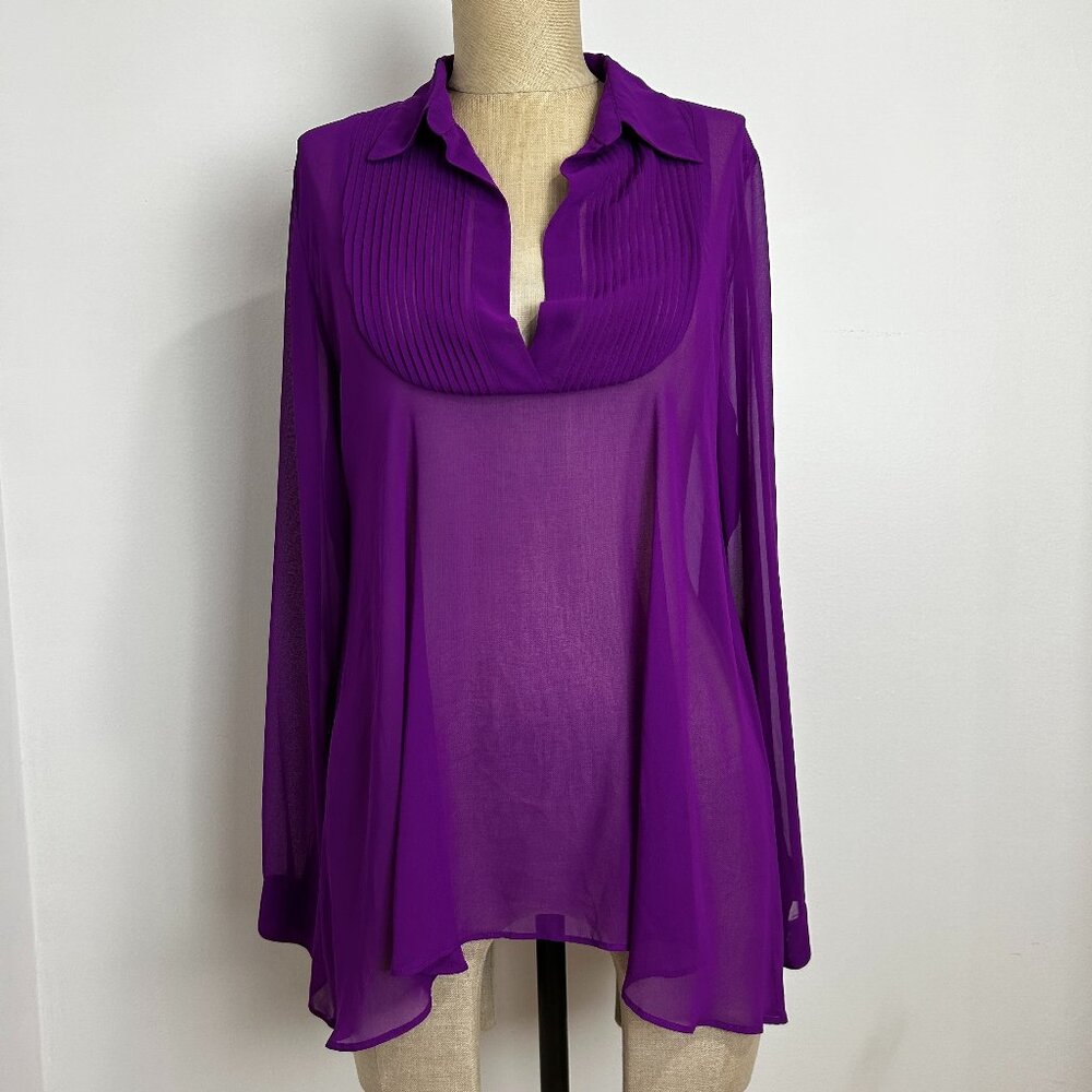 Free People Sheer Purple Pleated Tuxedo Bib Blouse V-Neck Long Sleeve Boho